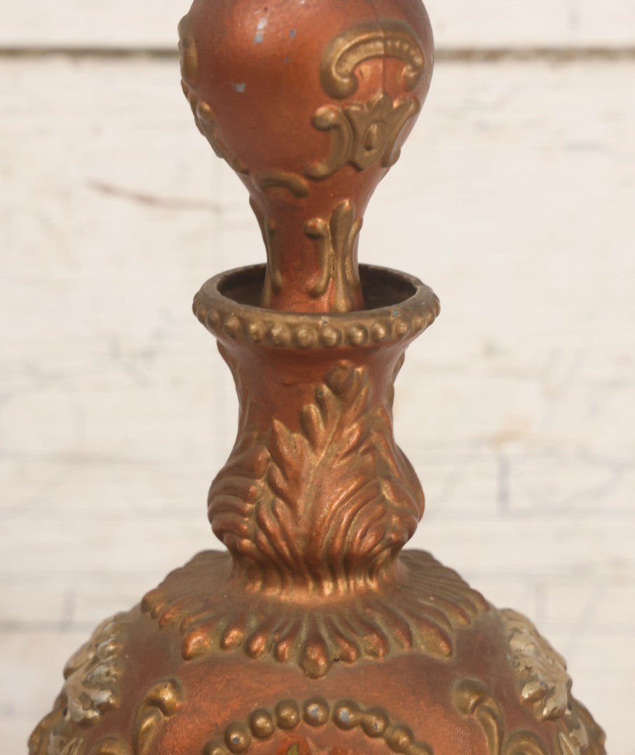 Lot 028 - Antique Hand Painted Baroque Renaissance Revival White Glass Decanter With Copper And Gold Paint, Ornate Grotesque Lion Mask Motif And Foliate Scrolls, Applied Flower Decal, And Original Matching Stopper, Circa 1900, 10-5/8" Height