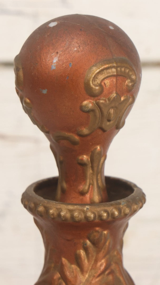 Lot 028 - Antique Hand Painted Baroque Renaissance Revival White Glass Decanter With Copper And Gold Paint, Ornate Grotesque Lion Mask Motif And Foliate Scrolls, Applied Flower Decal, And Original Matching Stopper, Circa 1900, 10-5/8" Height