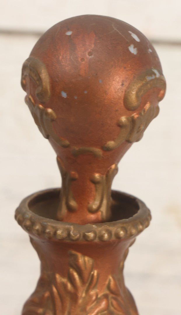 Lot 028 - Antique Hand Painted Baroque Renaissance Revival White Glass Decanter With Copper And Gold Paint, Ornate Grotesque Lion Mask Motif And Foliate Scrolls, Applied Flower Decal, And Original Matching Stopper, Circa 1900, 10-5/8" Height