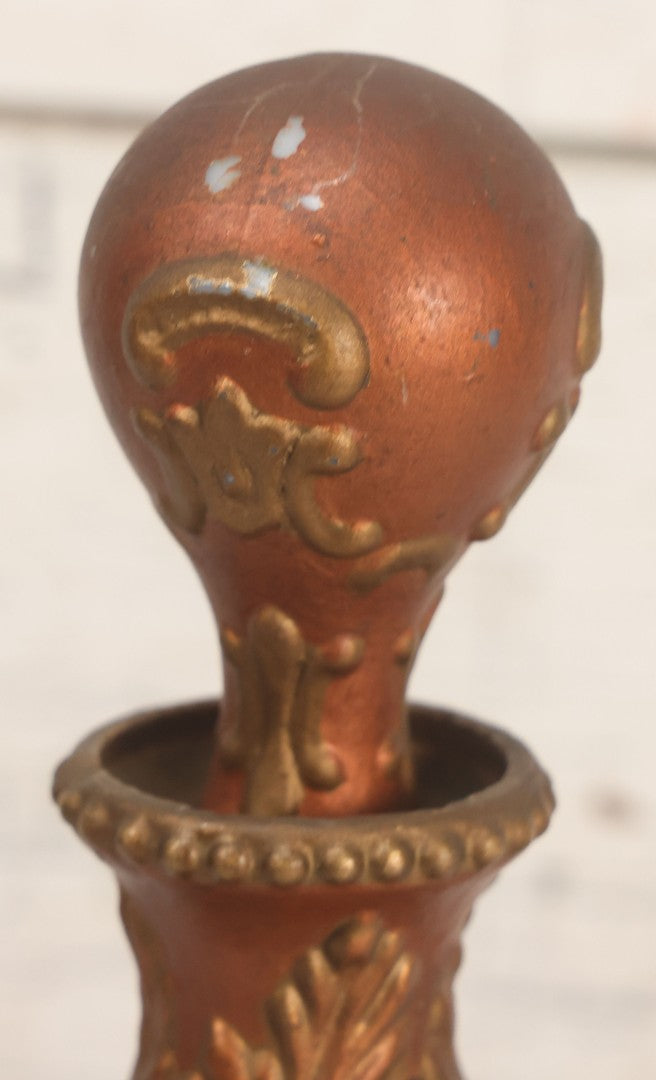 Lot 028 - Antique Hand Painted Baroque Renaissance Revival White Glass Decanter With Copper And Gold Paint, Ornate Grotesque Lion Mask Motif And Foliate Scrolls, Applied Flower Decal, And Original Matching Stopper, Circa 1900, 10-5/8" Height