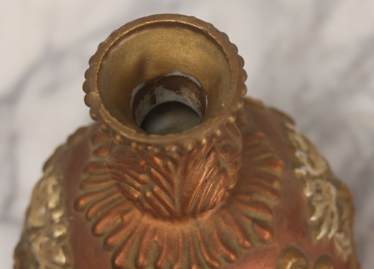 Lot 028 - Antique Hand Painted Baroque Renaissance Revival White Glass Decanter With Copper And Gold Paint, Ornate Grotesque Lion Mask Motif And Foliate Scrolls, Applied Flower Decal, And Original Matching Stopper, Circa 1900, 10-5/8" Height