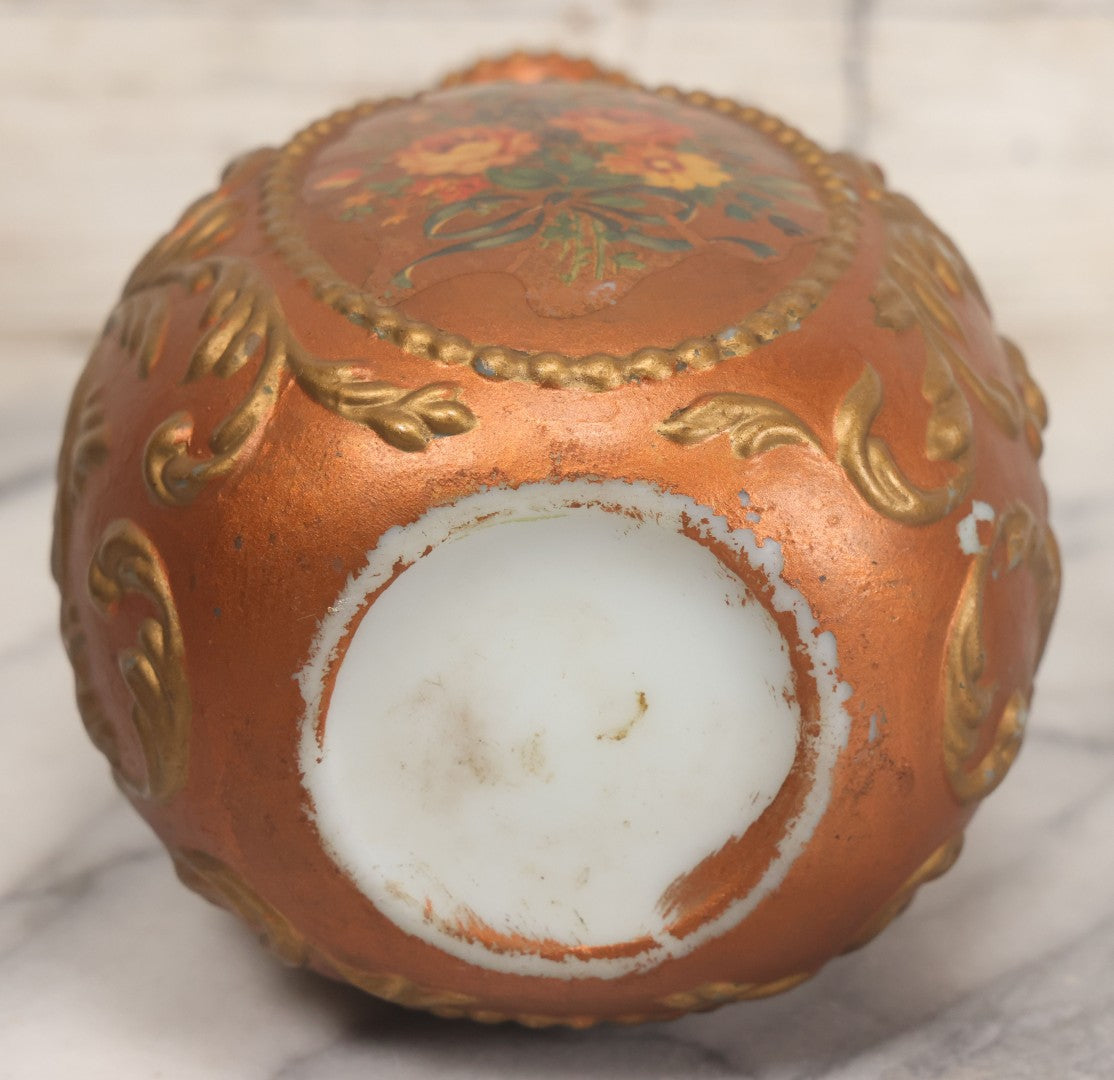 Lot 028 - Antique Hand Painted Baroque Renaissance Revival White Glass Decanter With Copper And Gold Paint, Ornate Grotesque Lion Mask Motif And Foliate Scrolls, Applied Flower Decal, And Original Matching Stopper, Circa 1900, 10-5/8" Height