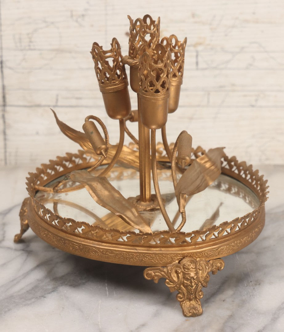 Lot 029 - Antique Gold Painted Metal Epergne Centerpiece Base With Greenman And Cattail Plant Motifs, Mirrored Tray, Missing Original Fluted Glass Vases