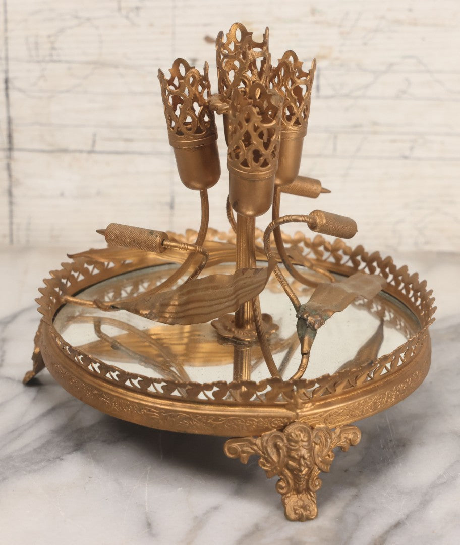 Lot 029 - Antique Gold Painted Metal Epergne Centerpiece Base With Greenman And Cattail Plant Motifs, Mirrored Tray, Missing Original Fluted Glass Vases