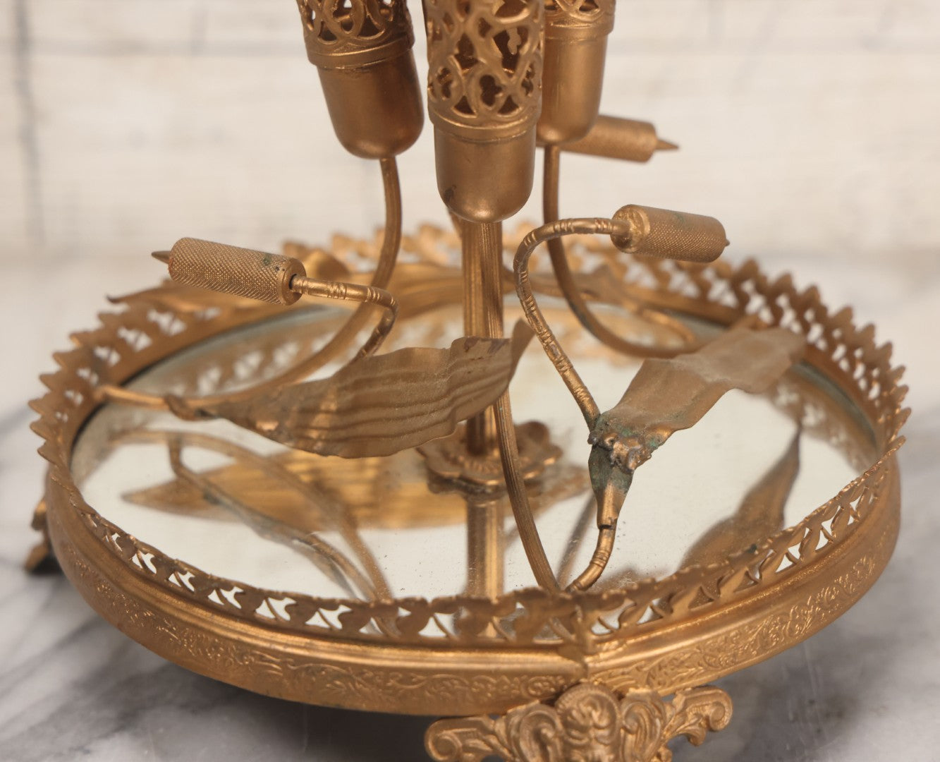 Lot 029 - Antique Gold Painted Metal Epergne Centerpiece Base With Greenman And Cattail Plant Motifs, Mirrored Tray, Missing Original Fluted Glass Vases