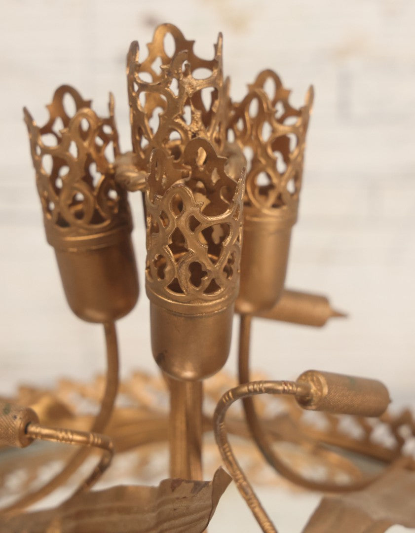 Lot 029 - Antique Gold Painted Metal Epergne Centerpiece Base With Greenman And Cattail Plant Motifs, Mirrored Tray, Missing Original Fluted Glass Vases