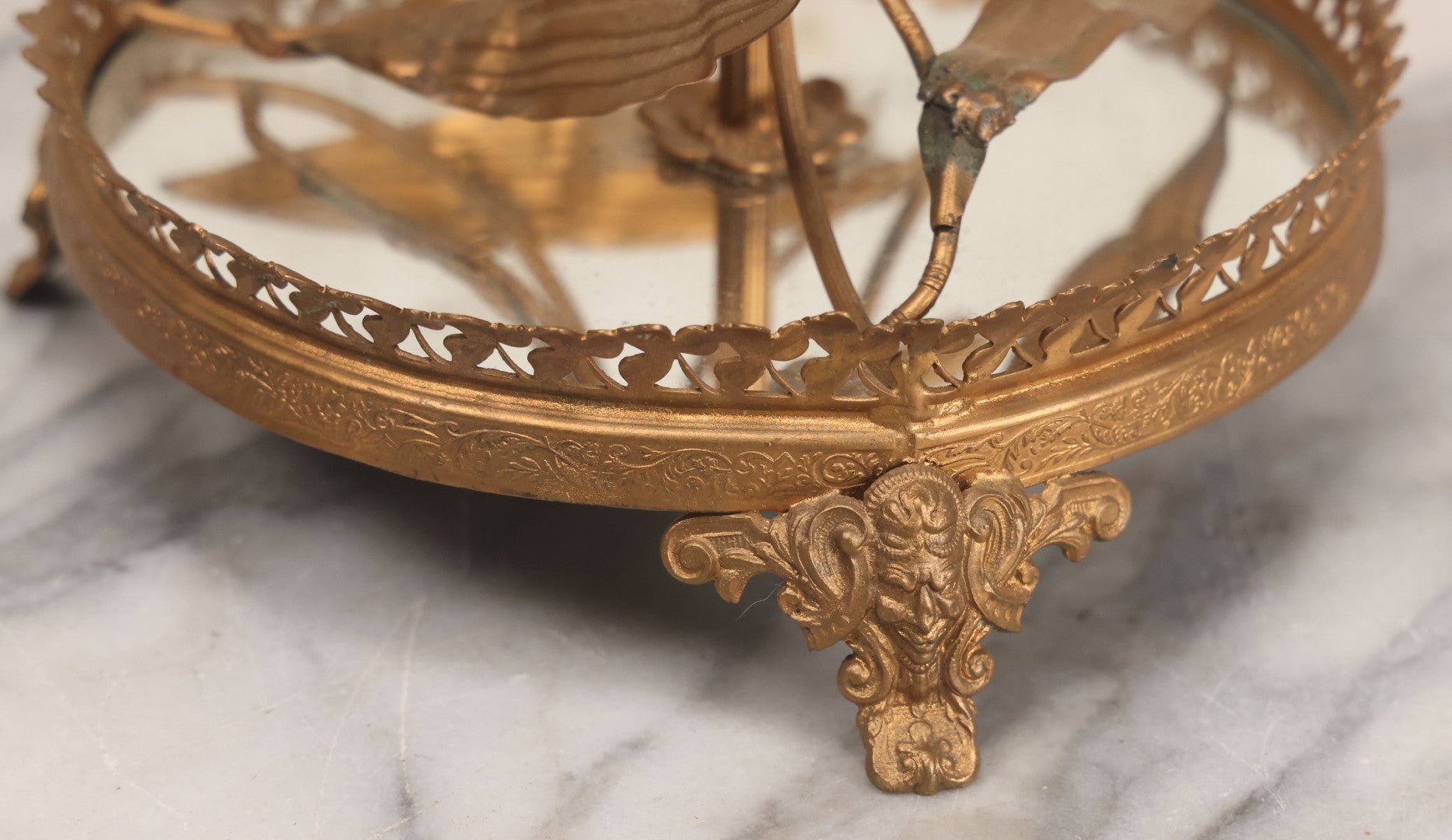 Lot 029 - Antique Gold Painted Metal Epergne Centerpiece Base With Greenman And Cattail Plant Motifs, Mirrored Tray, Missing Original Fluted Glass Vases