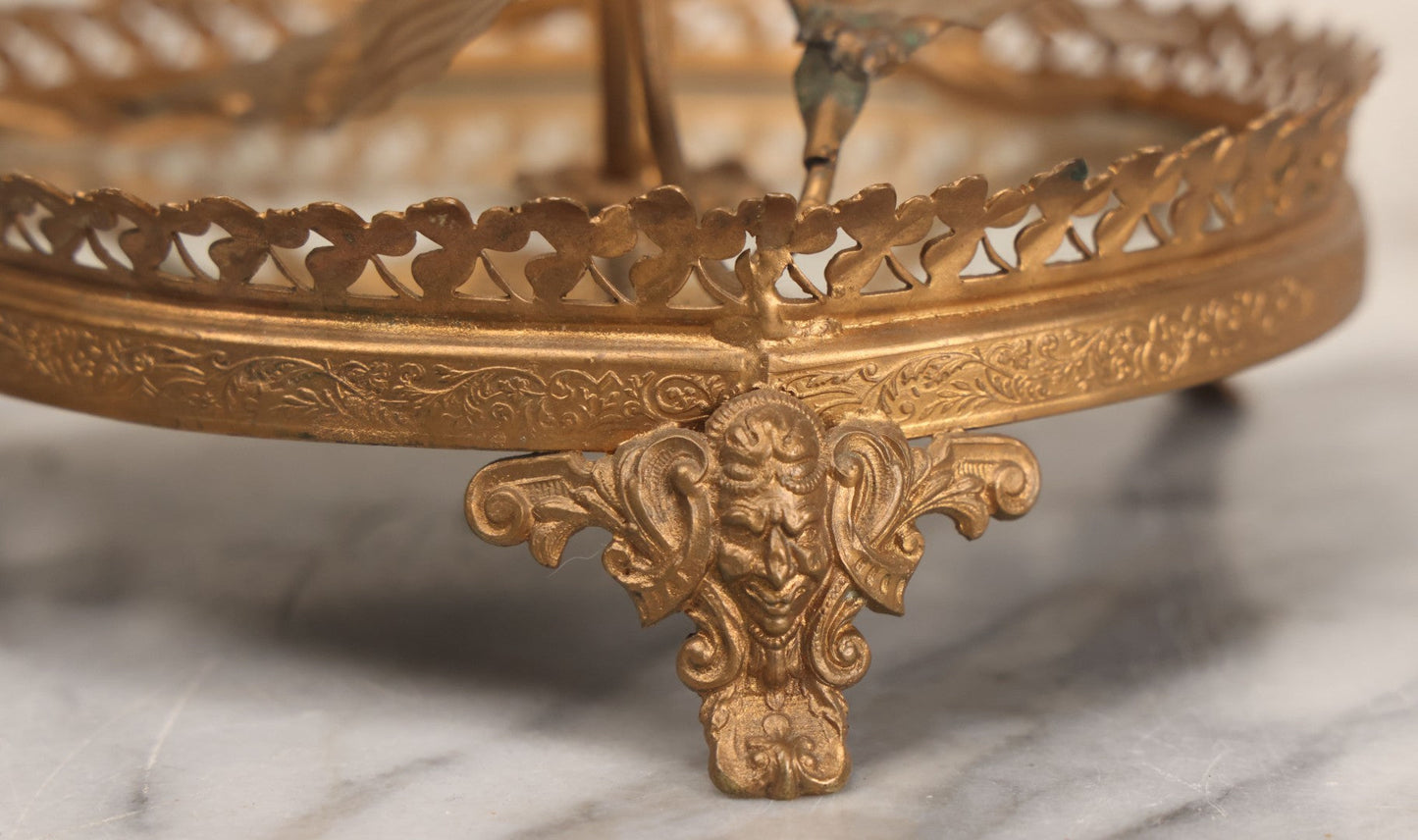 Lot 029 - Antique Gold Painted Metal Epergne Centerpiece Base With Greenman And Cattail Plant Motifs, Mirrored Tray, Missing Original Fluted Glass Vases