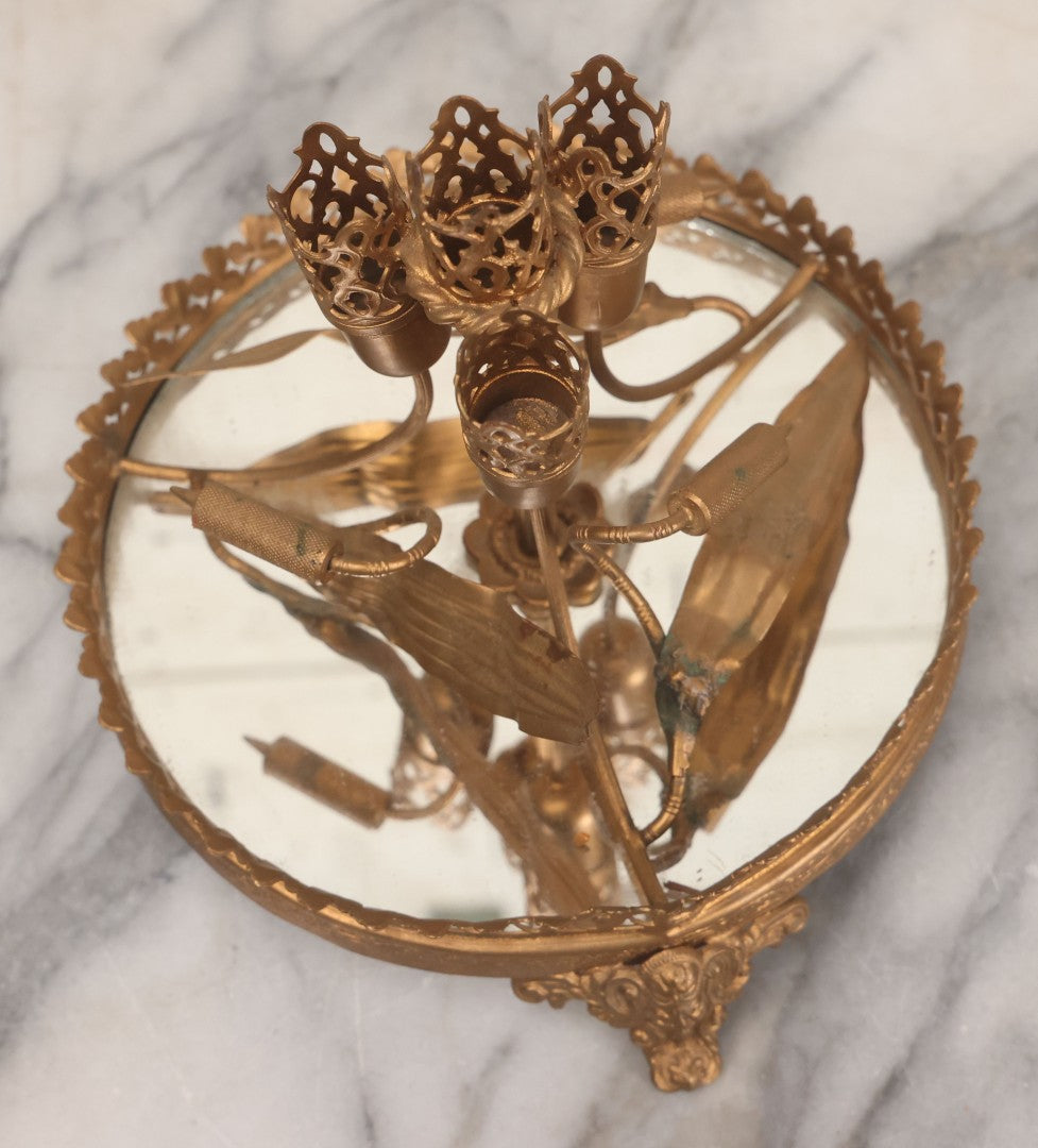 Lot 029 - Antique Gold Painted Metal Epergne Centerpiece Base With Greenman And Cattail Plant Motifs, Mirrored Tray, Missing Original Fluted Glass Vases