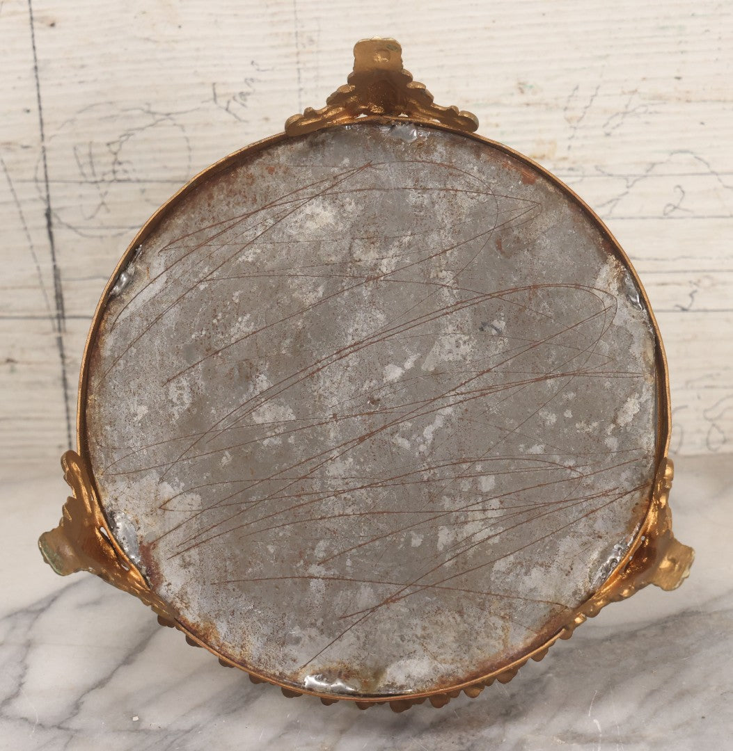 Lot 029 - Antique Gold Painted Metal Epergne Centerpiece Base With Greenman And Cattail Plant Motifs, Mirrored Tray, Missing Original Fluted Glass Vases