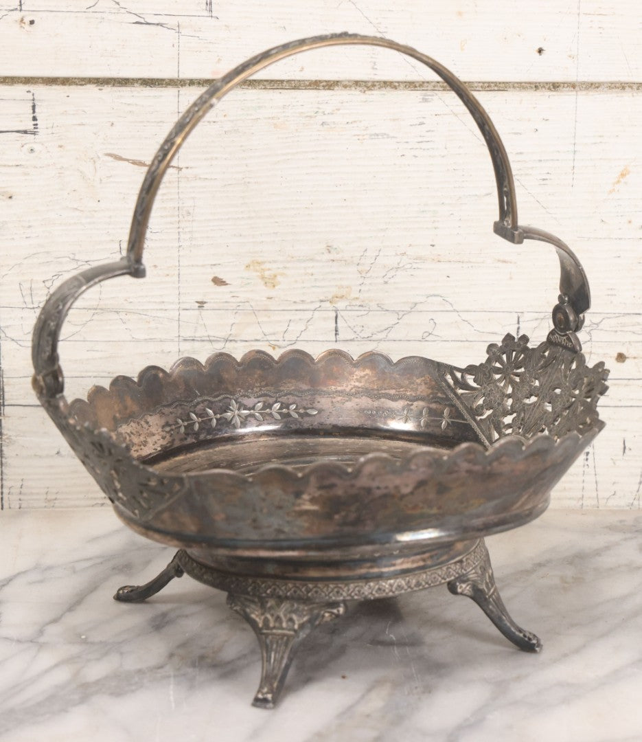 Lot 030 - Antique Decorative Silverplate Centerpiece Basket With Bird And Flower Engraved Motif, Manufactured By Wilcox Silverplate Co., Meriden, Connecticut, No. 0841