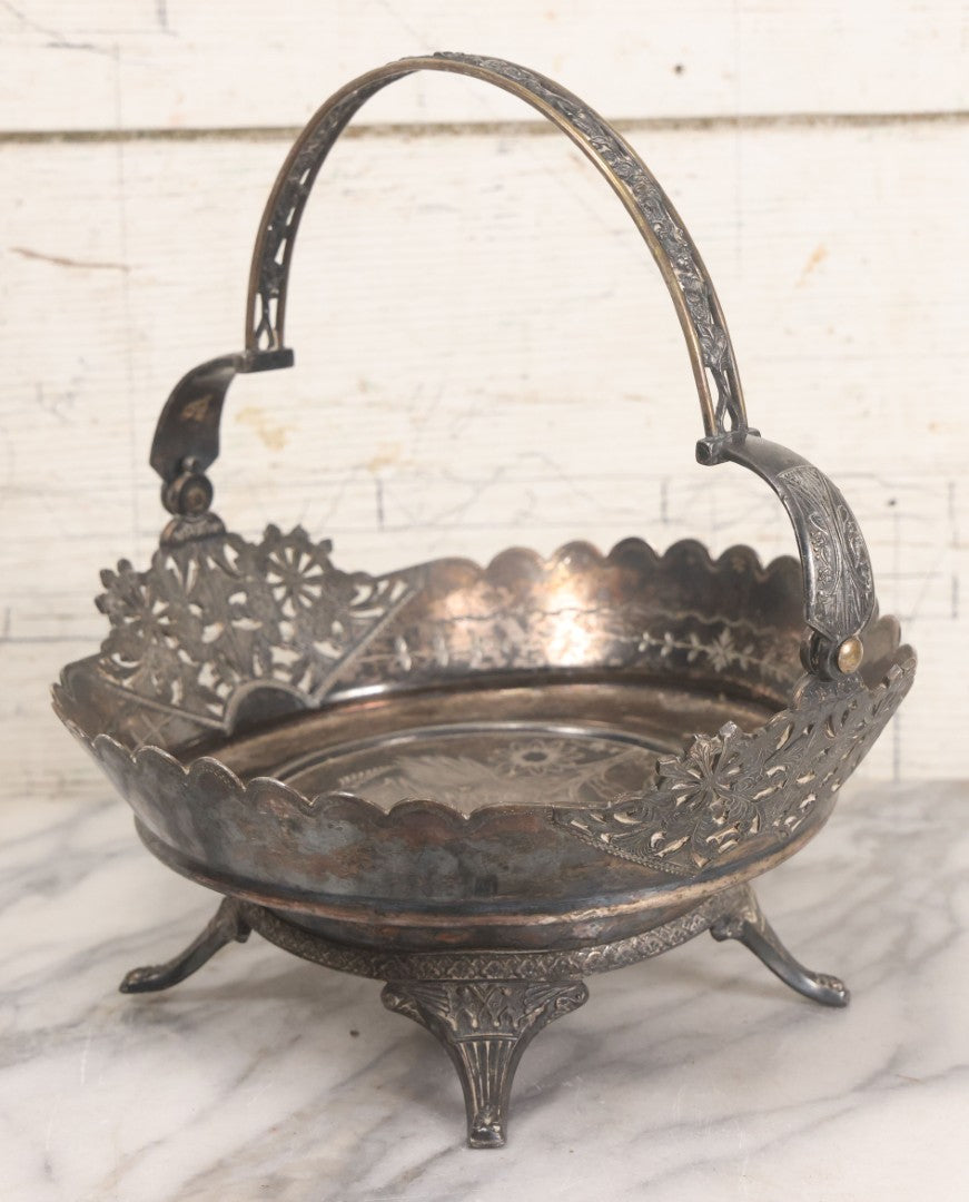 Lot 030 - Antique Decorative Silverplate Centerpiece Basket With Bird And Flower Engraved Motif, Manufactured By Wilcox Silverplate Co., Meriden, Connecticut, No. 0841