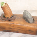 Lot 032 - Vintage Folk Art Mixed Material Match Safe And Strike With Wooden Block, Leather Match Holder And Real Rock Striker