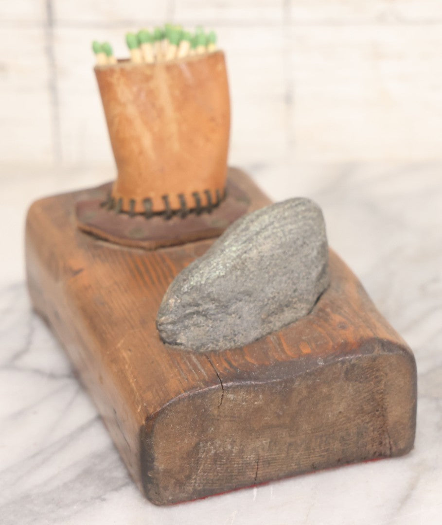 Lot 032 - Vintage Folk Art Mixed Material Match Safe And Strike With Wooden Block, Leather Match Holder And Real Rock Striker