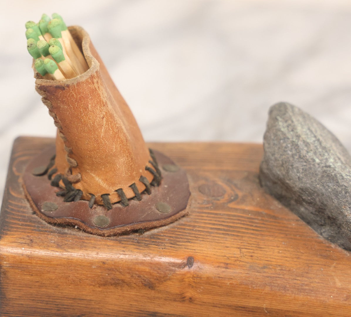 Lot 032 - Vintage Folk Art Mixed Material Match Safe And Strike With Wooden Block, Leather Match Holder And Real Rock Striker