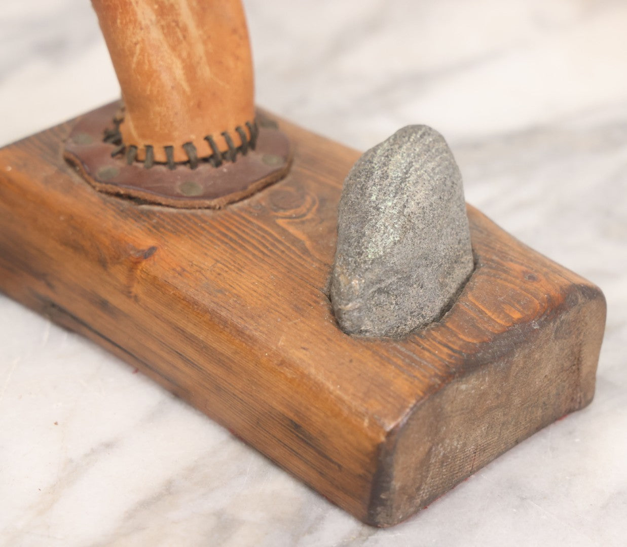 Lot 032 - Vintage Folk Art Mixed Material Match Safe And Strike With Wooden Block, Leather Match Holder And Real Rock Striker