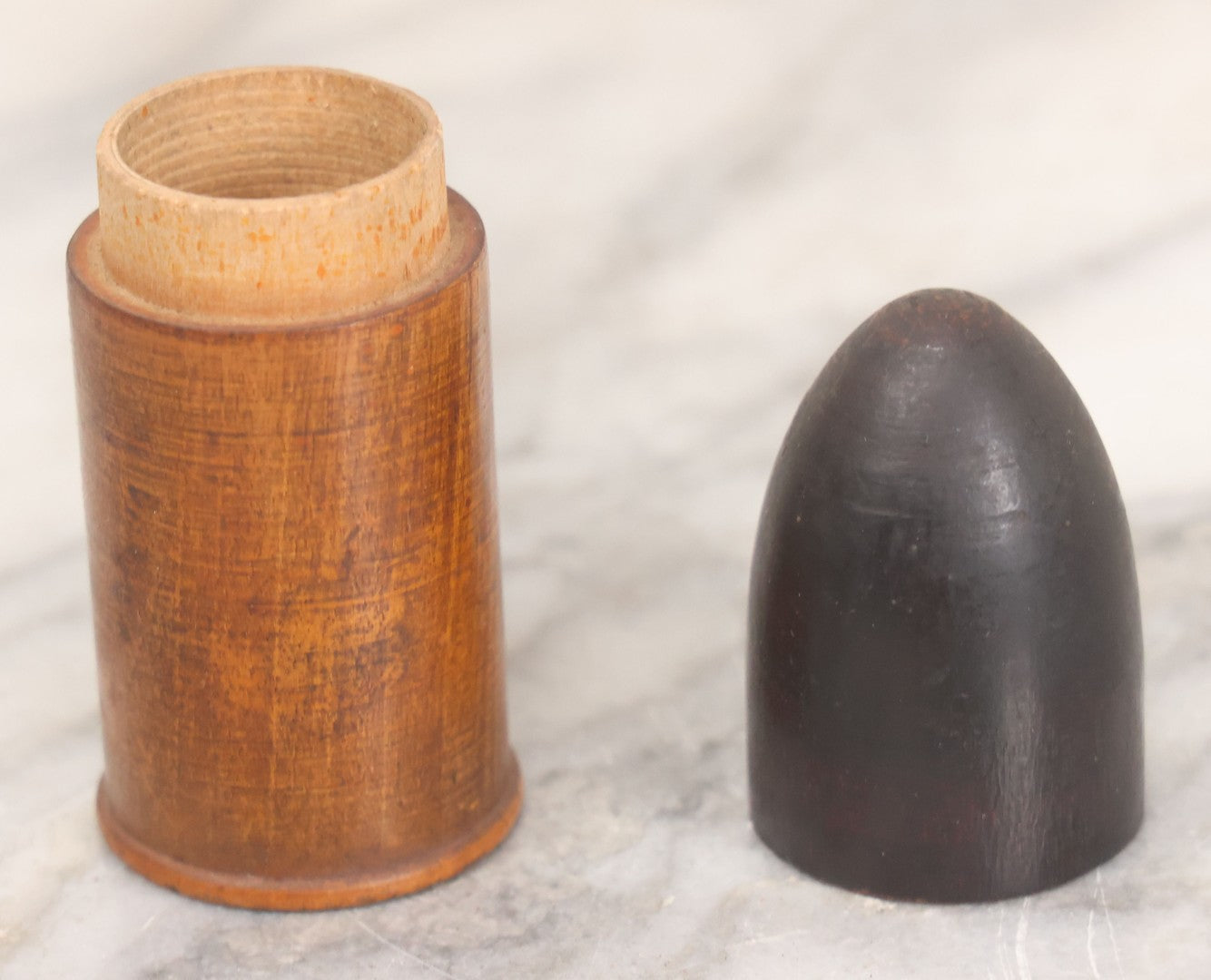 Lot 033 - Antique Folk Art Turned Wood Bullet Shell Match Safe With Original Patina