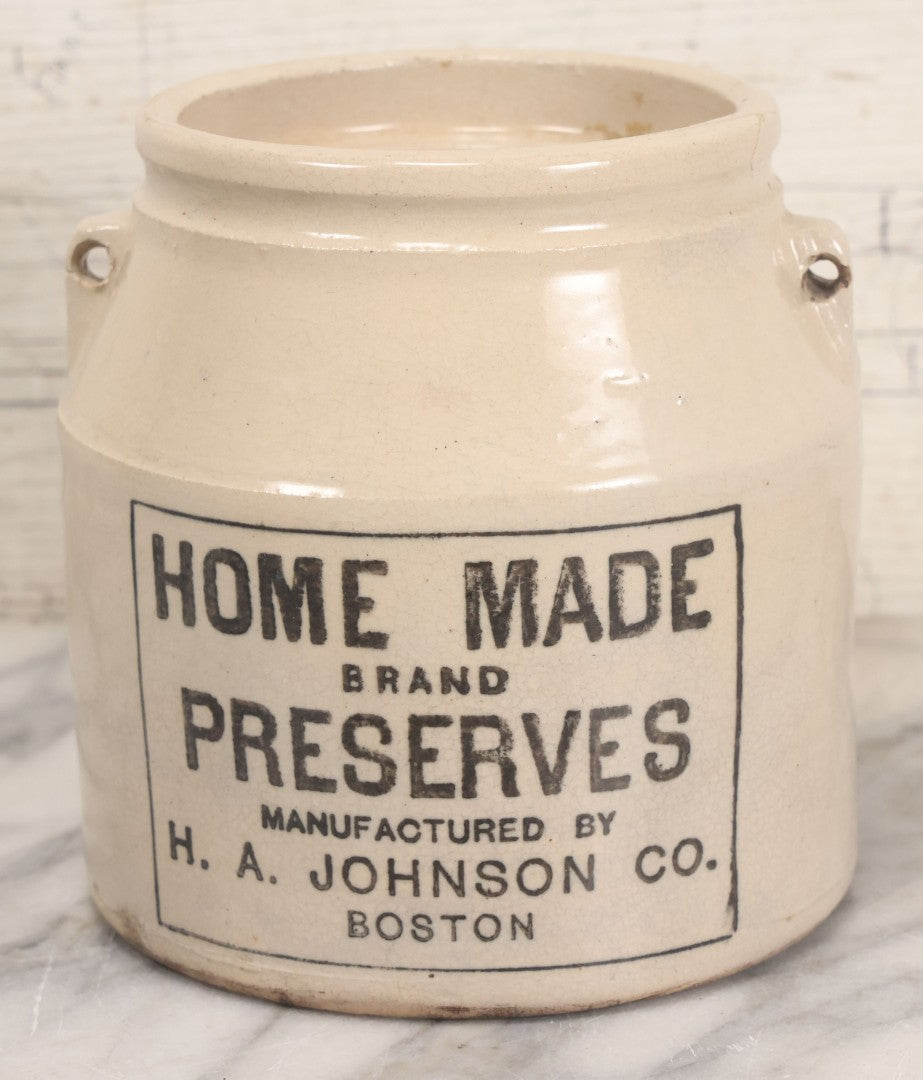 Lot 039 - Antique Stoneware Crock For "Homemade" Brand Preserves Manufactured By H.A. Johnson Co., Boston, 6-1/4" Height