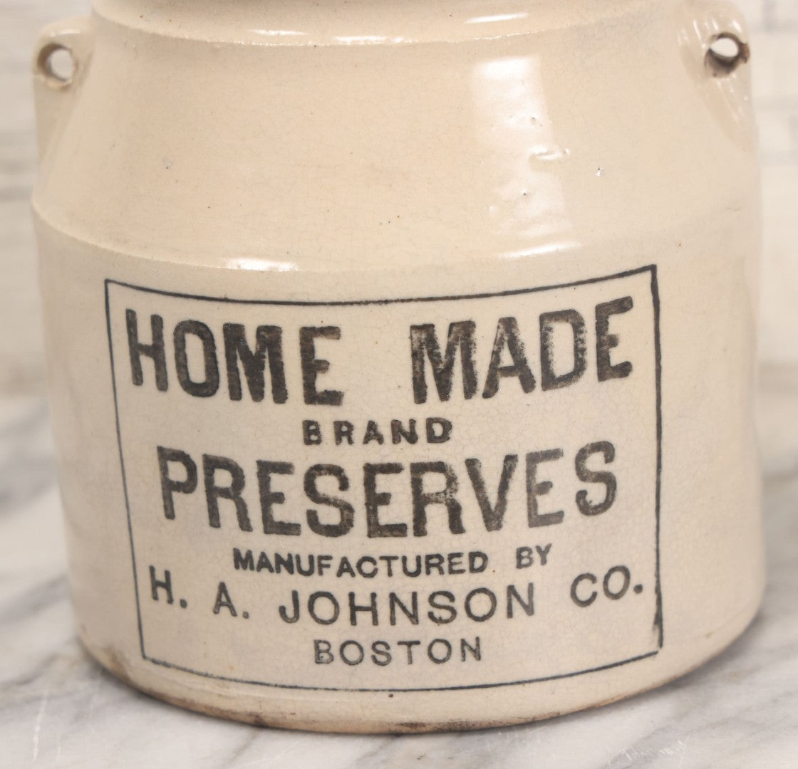 Lot 039 - Antique Stoneware Crock For "Homemade" Brand Preserves Manufactured By H.A. Johnson Co., Boston, 6-1/4" Height