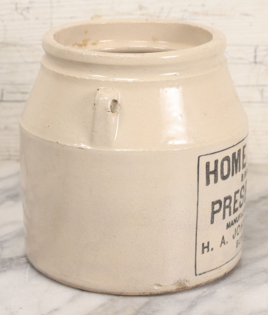 Lot 039 - Antique Stoneware Crock For "Homemade" Brand Preserves Manufactured By H.A. Johnson Co., Boston, 6-1/4" Height