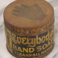 Lot 045 - Vintage "Everybody's Hand Soap" Lithographed Advertising Tin With Black Hand Trademark Graphic, "Cleans All Hands," Everybody's Incorporated, Cambridge, Massachusetts, Dented And Worn As Found, 3" Height