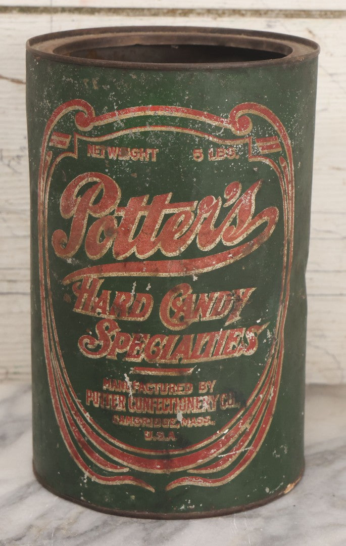 Lot 046 - Vintage Potter's Hard Candy Specialties Lithographed Five Pound Tin, Manufactured By Potter Confectionery Co., Cambridge, Massachusetts, Note Dented As Found, 8-1/2" Height