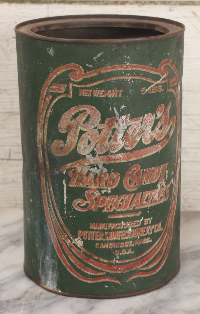 Lot 046 - Vintage Potter's Hard Candy Specialties Lithographed Five Pound Tin, Manufactured By Potter Confectionery Co., Cambridge, Massachusetts, Note Dented As Found, 8-1/2" Height