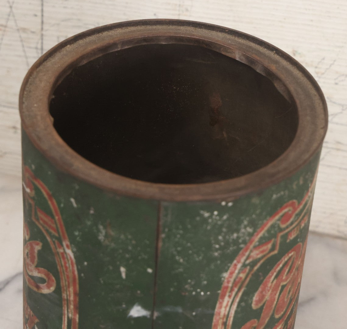 Lot 046 - Vintage Potter's Hard Candy Specialties Lithographed Five Pound Tin, Manufactured By Potter Confectionery Co., Cambridge, Massachusetts, Note Dented As Found, 8-1/2" Height