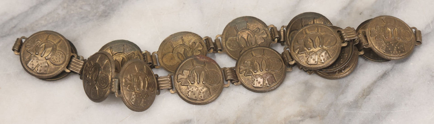 Lot 048 - Vintage Pressed Brass Good Luck Charm Necklace With Four Leaf Clover, Lucky Penny, Dice, Horseshoe, And Wishbone, With Fifteen Pressed "Coins"