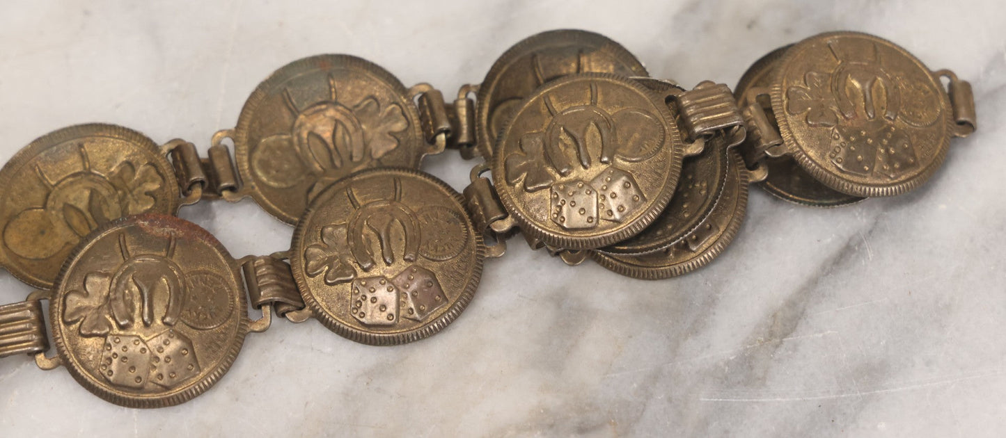 Lot 048 - Vintage Pressed Brass Good Luck Charm Necklace With Four Leaf Clover, Lucky Penny, Dice, Horseshoe, And Wishbone, With Fifteen Pressed "Coins"