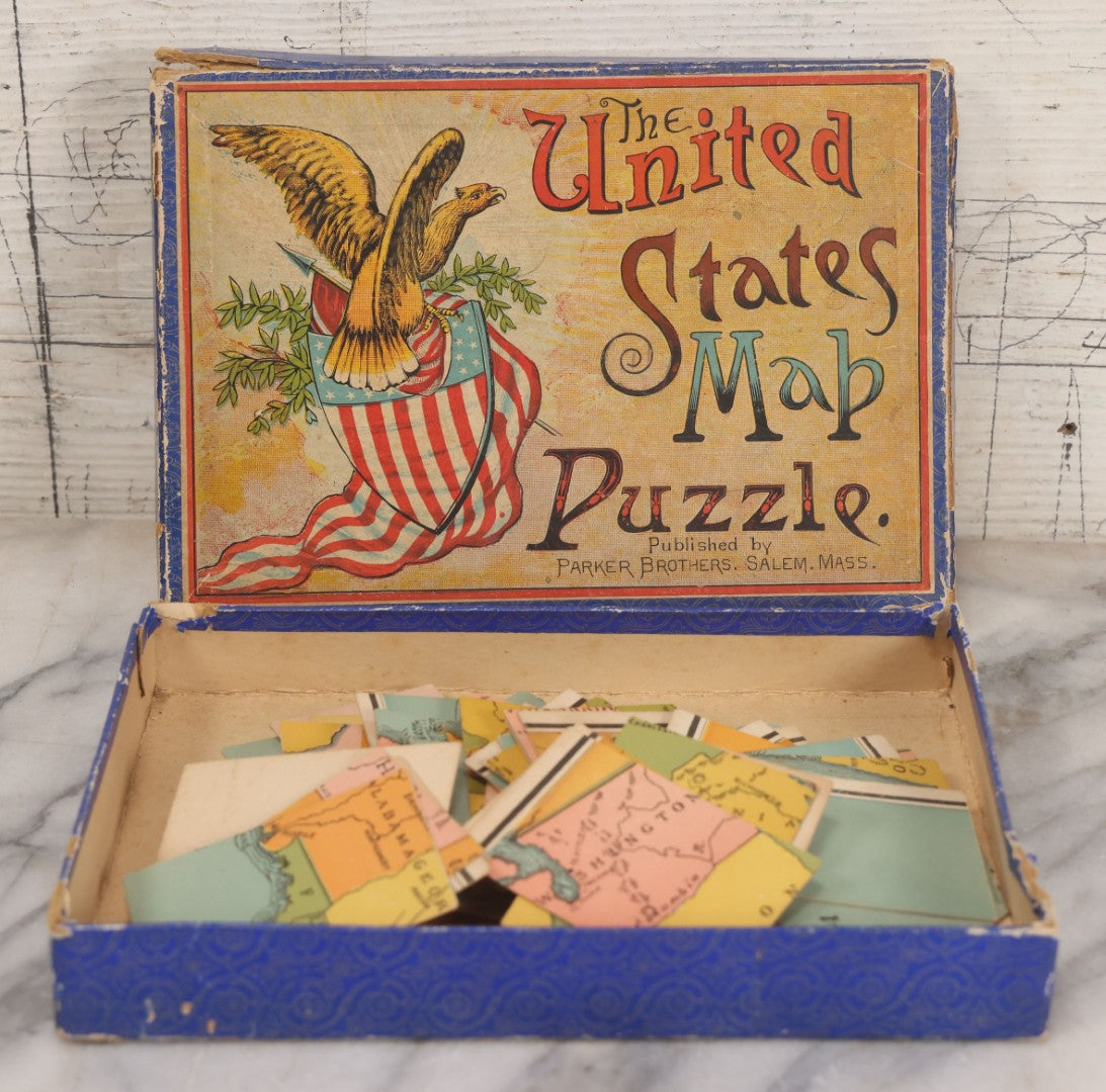Lot 050 - Antique "The United States Map Puzzle" Lithographed Map Game Published By Parker Brothers, Salem, Massachusetts, In Original Box