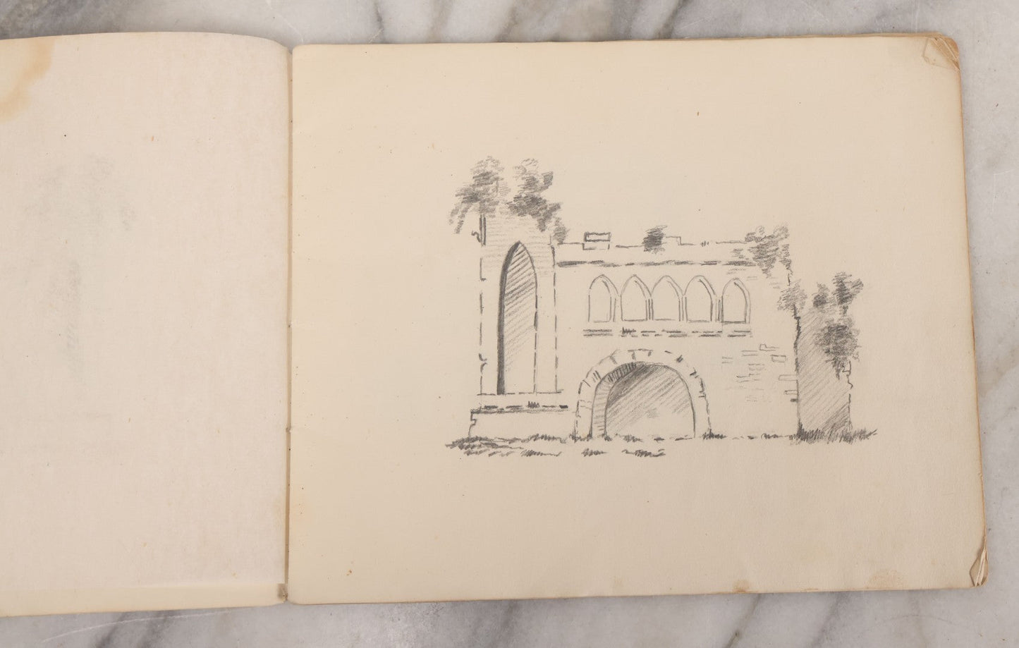Lot 051 - Antique Sketchbook Containing Fourteen Original Hand Drawn Pencil Sketches, Of Buildings And Landscapes, With Handwritten Note On Cover "My Mother's Drawing Book When A Very Little Girl"