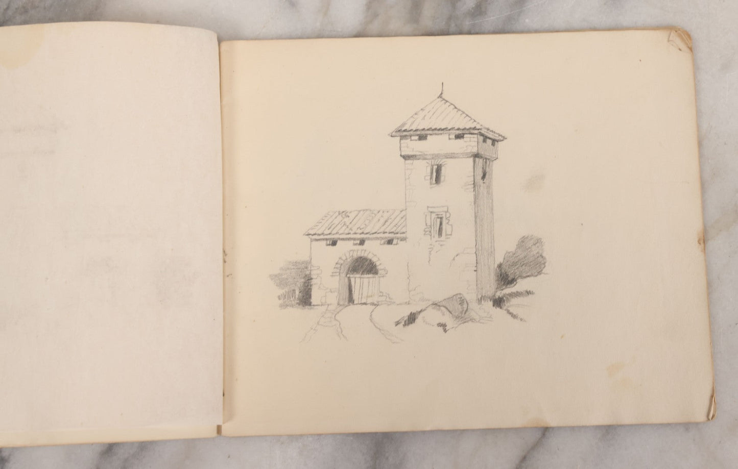 Lot 051 - Antique Sketchbook Containing Fourteen Original Hand Drawn Pencil Sketches, Of Buildings And Landscapes, With Handwritten Note On Cover "My Mother's Drawing Book When A Very Little Girl"