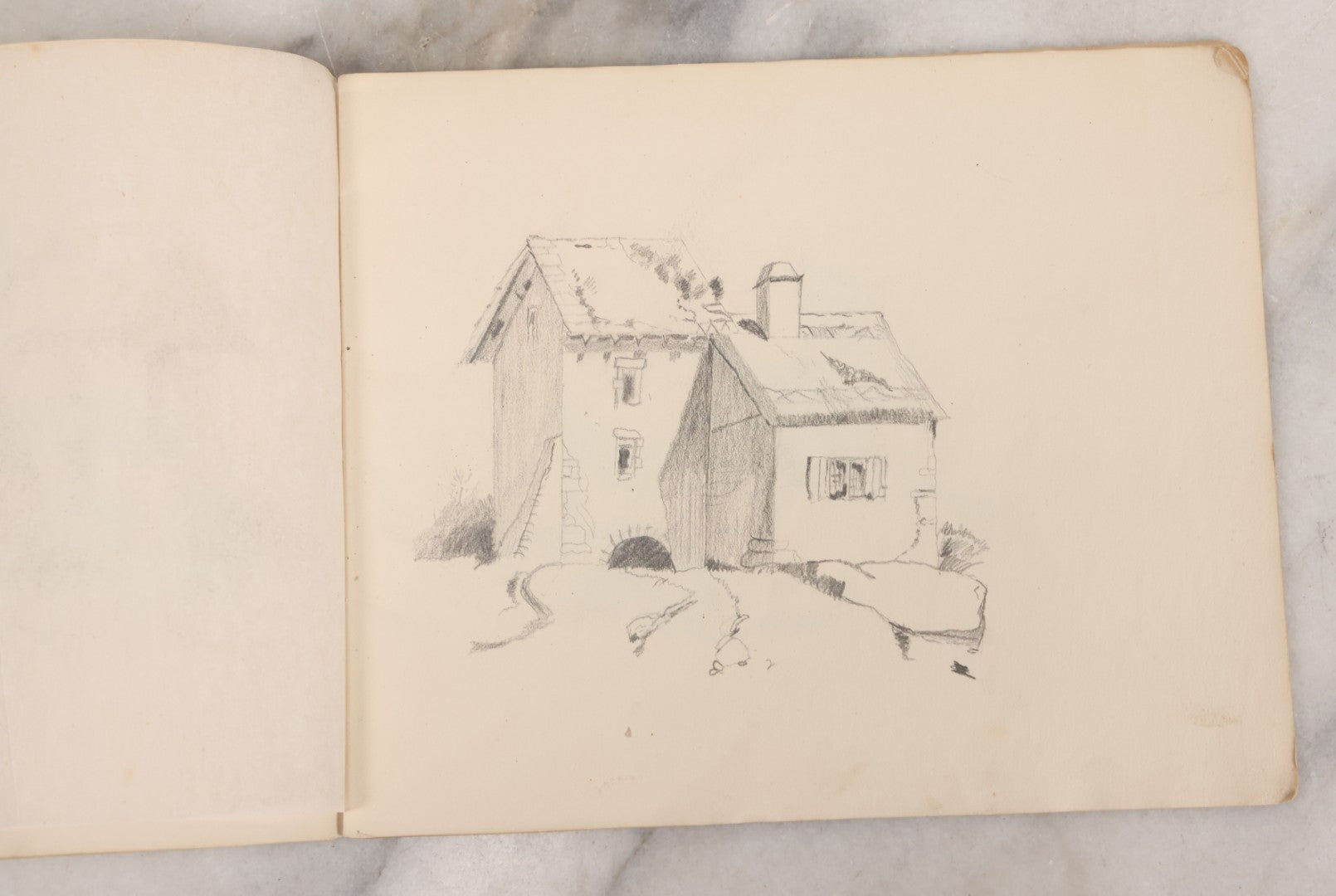 Lot 051 - Antique Sketchbook Containing Fourteen Original Hand Drawn Pencil Sketches, Of Buildings And Landscapes, With Handwritten Note On Cover "My Mother's Drawing Book When A Very Little Girl"