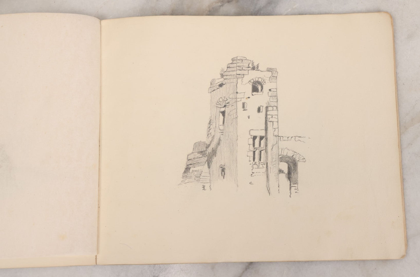 Lot 051 - Antique Sketchbook Containing Fourteen Original Hand Drawn Pencil Sketches, Of Buildings And Landscapes, With Handwritten Note On Cover "My Mother's Drawing Book When A Very Little Girl"