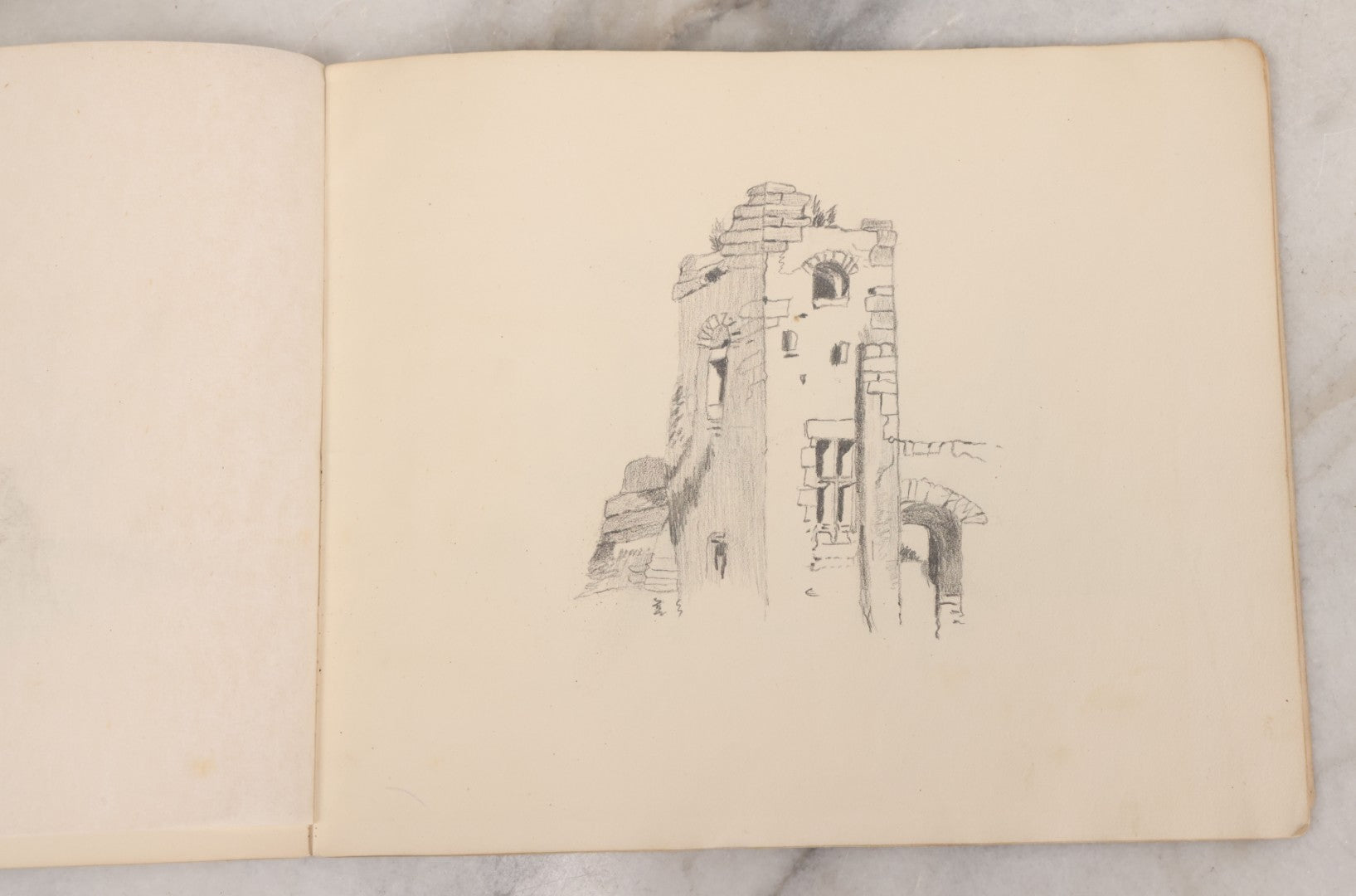 Lot 051 - Antique Sketchbook Containing Fourteen Original Hand Drawn Pencil Sketches, Of Buildings And Landscapes, With Handwritten Note On Cover "My Mother's Drawing Book When A Very Little Girl"
