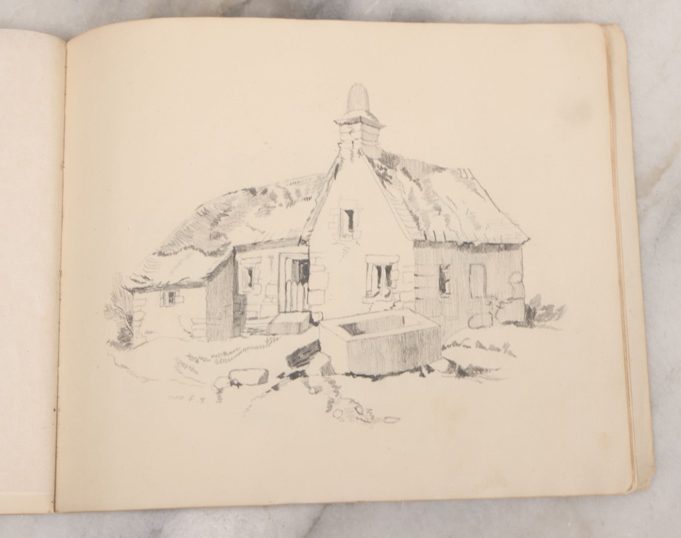 Lot 051 - Antique Sketchbook Containing Fourteen Original Hand Drawn Pencil Sketches, Of Buildings And Landscapes, With Handwritten Note On Cover "My Mother's Drawing Book When A Very Little Girl"