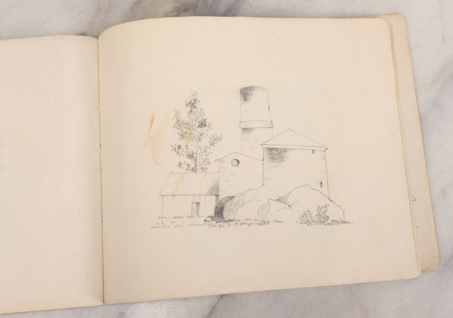Lot 051 - Antique Sketchbook Containing Fourteen Original Hand Drawn Pencil Sketches, Of Buildings And Landscapes, With Handwritten Note On Cover "My Mother's Drawing Book When A Very Little Girl"