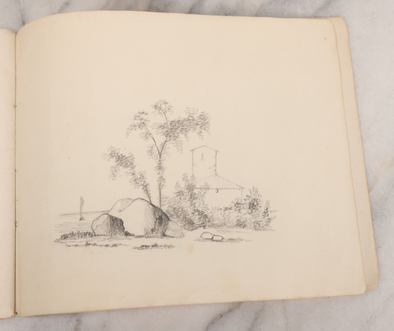 Lot 051 - Antique Sketchbook Containing Fourteen Original Hand Drawn Pencil Sketches, Of Buildings And Landscapes, With Handwritten Note On Cover "My Mother's Drawing Book When A Very Little Girl"