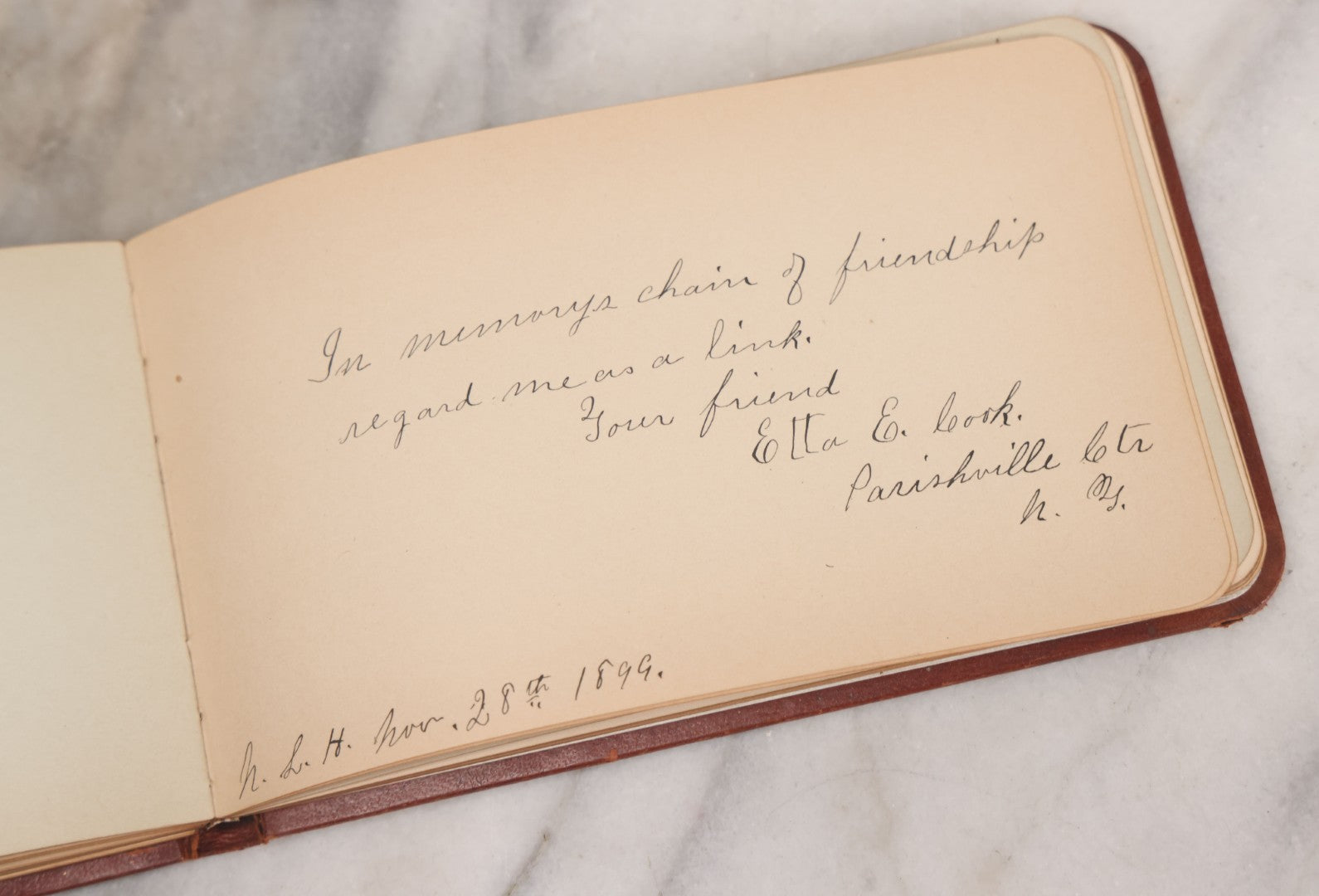 Lot 052 - Antique Victorian Autograph Album, "A New Year's Present From Mable, Lillie, And Ella," January 1, 1881, Bearing Many Signatures, Poems And Notes From Classmates, Family And Friends, In And Around Northampton, Massachusetts