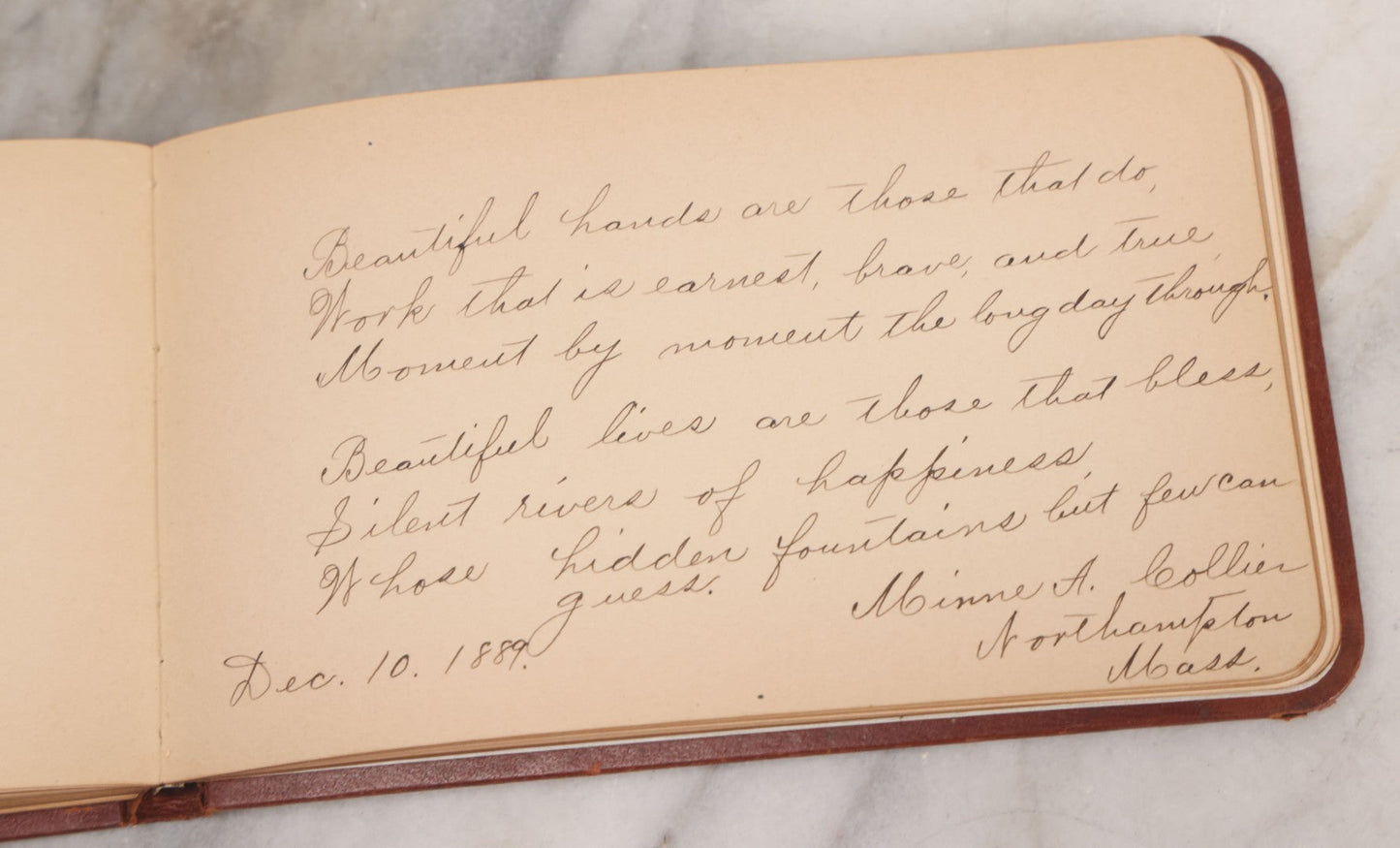 Lot 052 - Antique Victorian Autograph Album, "A New Year's Present From Mable, Lillie, And Ella," January 1, 1881, Bearing Many Signatures, Poems And Notes From Classmates, Family And Friends, In And Around Northampton, Massachusetts