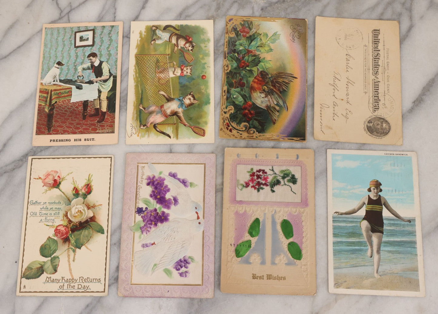 Lot 053 - Grouping Of 60+ Antique And Vintage Postcards Of Various Subjects Including Cats And Dogs, Beach Scenes, Valentines And Romance, Caricatures, And General Greeting Cards