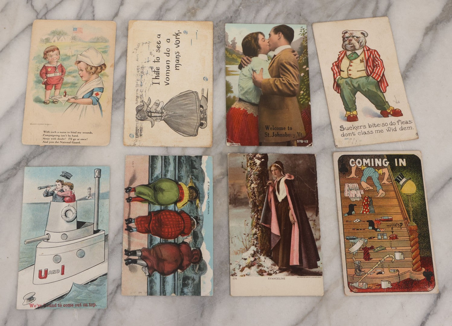 Lot 053 - Grouping Of 60+ Antique And Vintage Postcards Of Various Subjects Including Cats And Dogs, Beach Scenes, Valentines And Romance, Caricatures, And General Greeting Cards