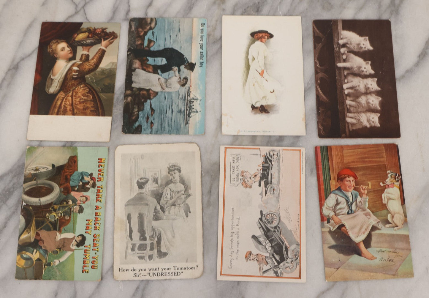 Lot 053 - Grouping Of 60+ Antique And Vintage Postcards Of Various Subjects Including Cats And Dogs, Beach Scenes, Valentines And Romance, Caricatures, And General Greeting Cards