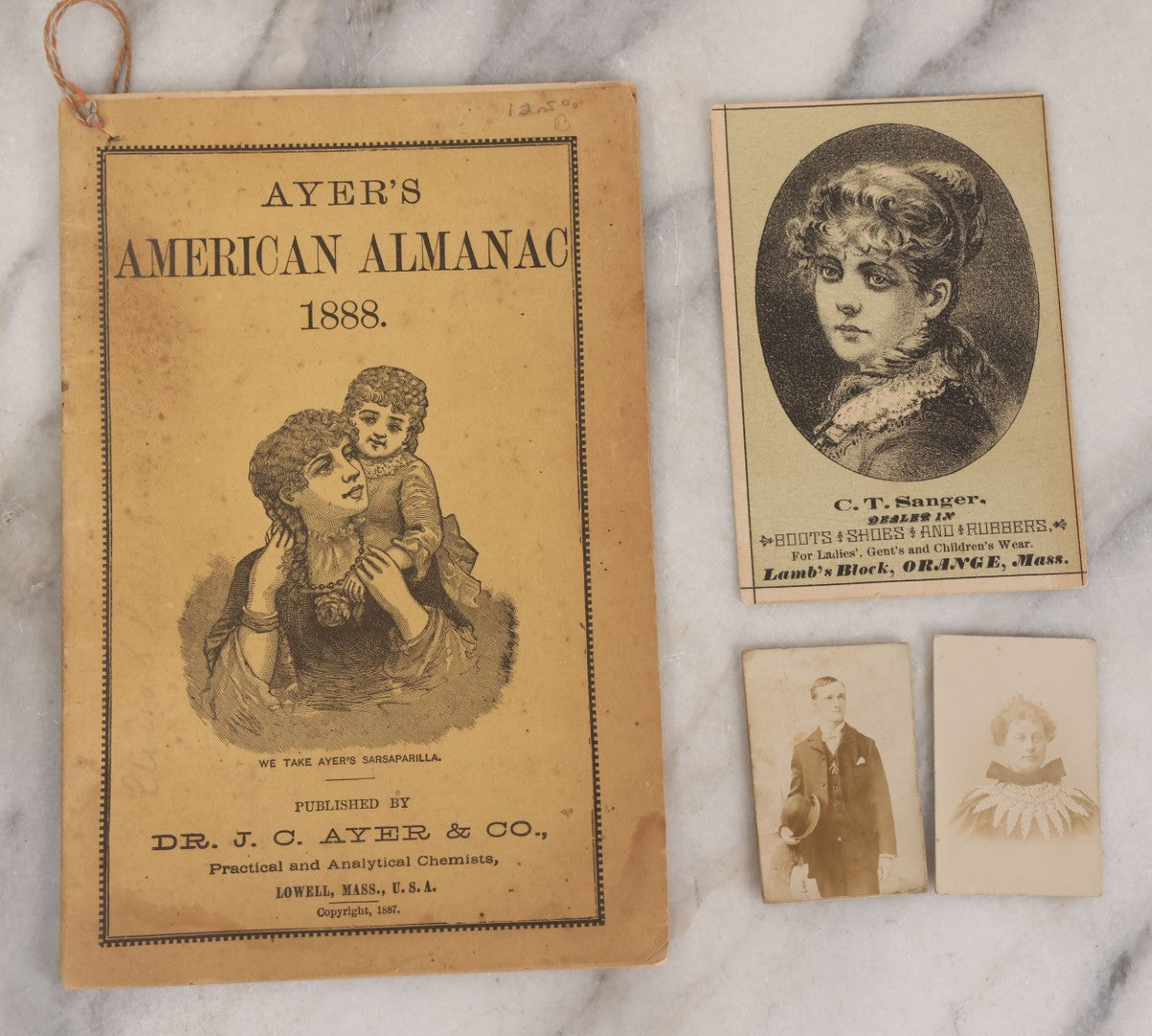Lot 054 - Grouping Of Sixteen Assorted Antique Ephemera Pieces Including Lithographed Trade Cards, Envelope From The Rexall Store, Fall River Line Steamship Envelope, And Ayer's American Almanac For 1888