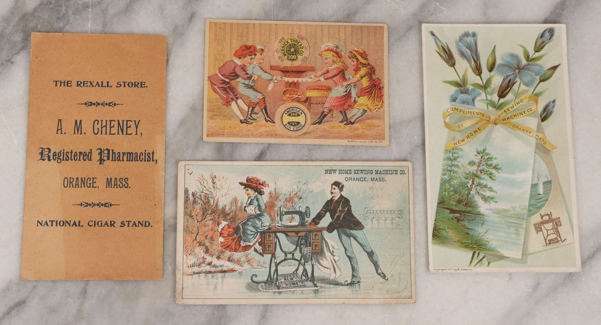 Lot 054 - Grouping Of Sixteen Assorted Antique Ephemera Pieces Including Lithographed Trade Cards, Envelope From The Rexall Store, Fall River Line Steamship Envelope, And Ayer's American Almanac For 1888