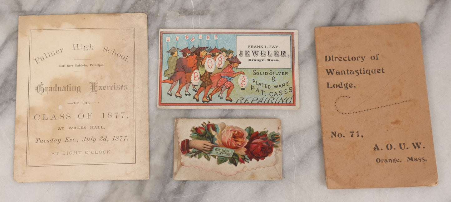 Lot 054 - Grouping Of Sixteen Assorted Antique Ephemera Pieces Including Lithographed Trade Cards, Envelope From The Rexall Store, Fall River Line Steamship Envelope, And Ayer's American Almanac For 1888