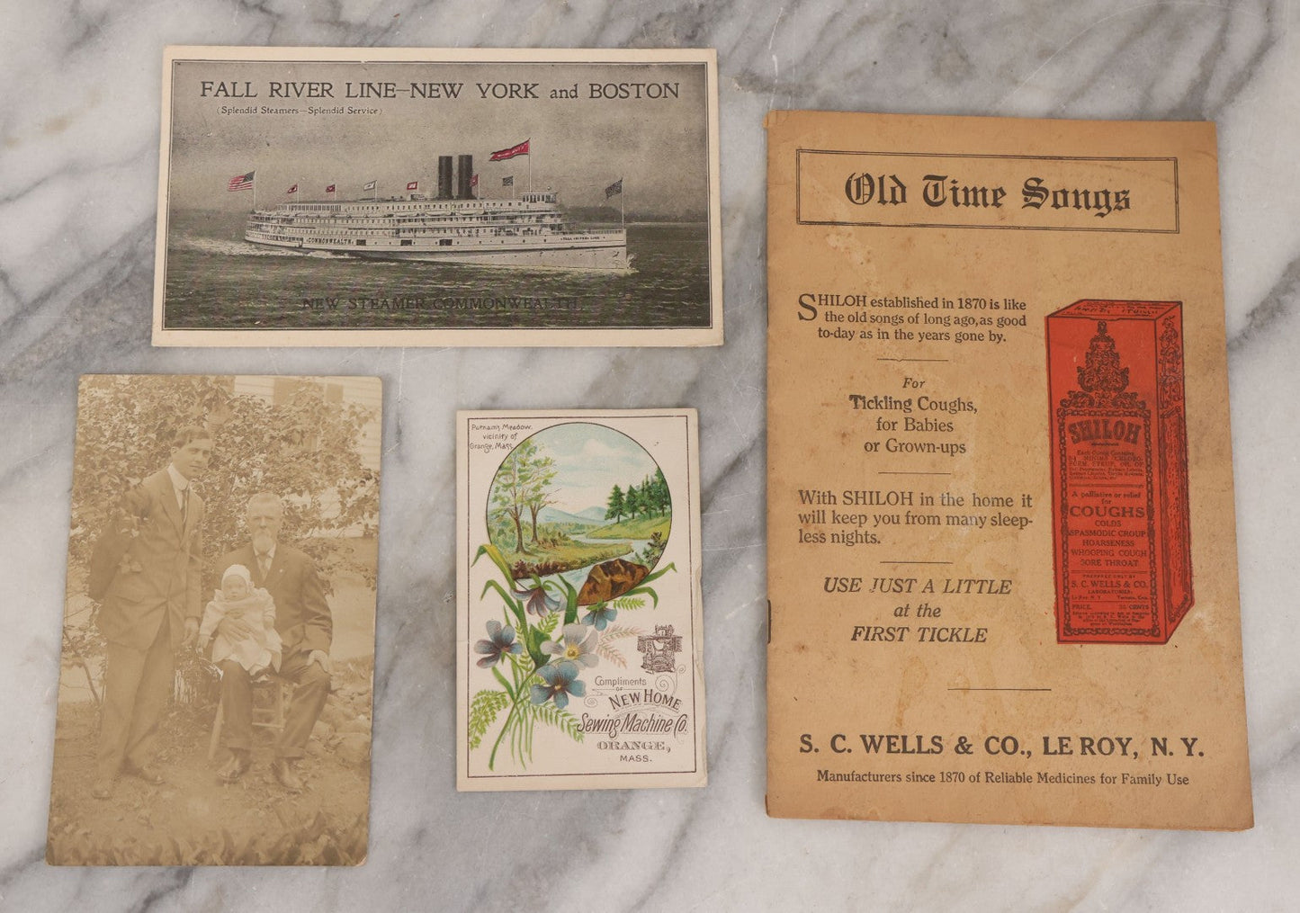 Lot 054 - Grouping Of Sixteen Assorted Antique Ephemera Pieces Including Lithographed Trade Cards, Envelope From The Rexall Store, Fall River Line Steamship Envelope, And Ayer's American Almanac For 1888