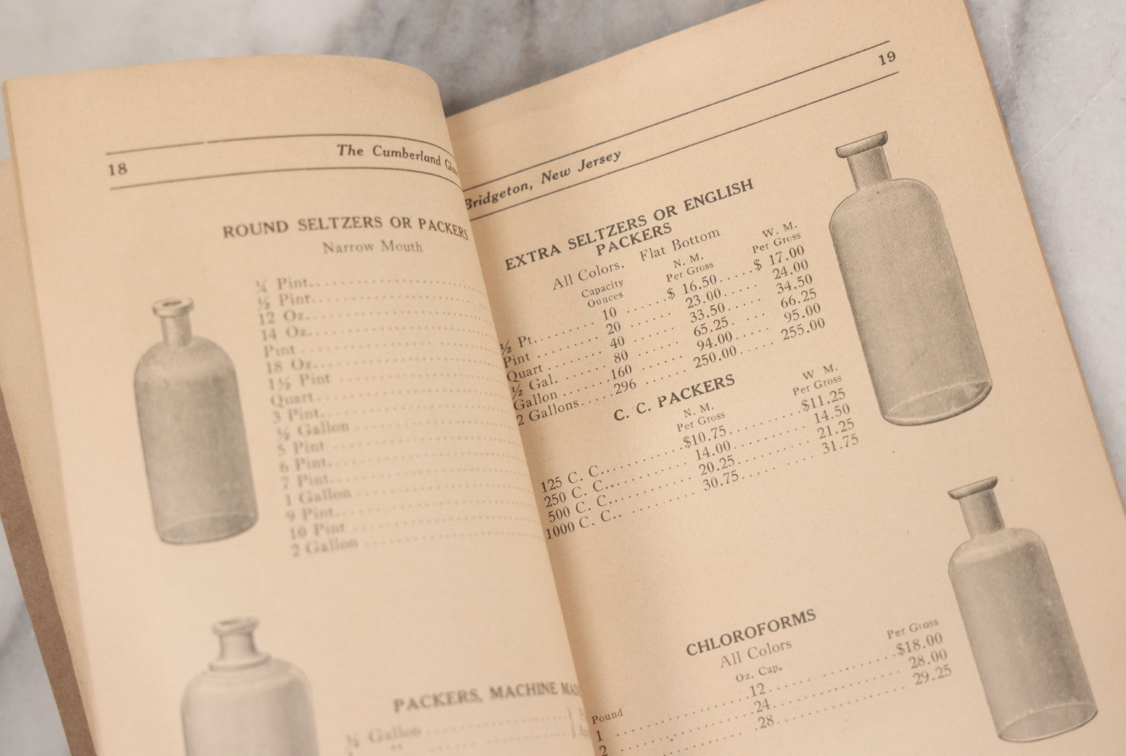 Lot 055 - Antique "Illustrated Catalogue And Price List Of Bottles, Fruit And Battery Jars", Manufactured By The Cumberland Glass Manufacturing Co., Bridgeton, New Jersey, Catalogue F. With Embossed Cover And Many Images Of Bottles, Circa 1920