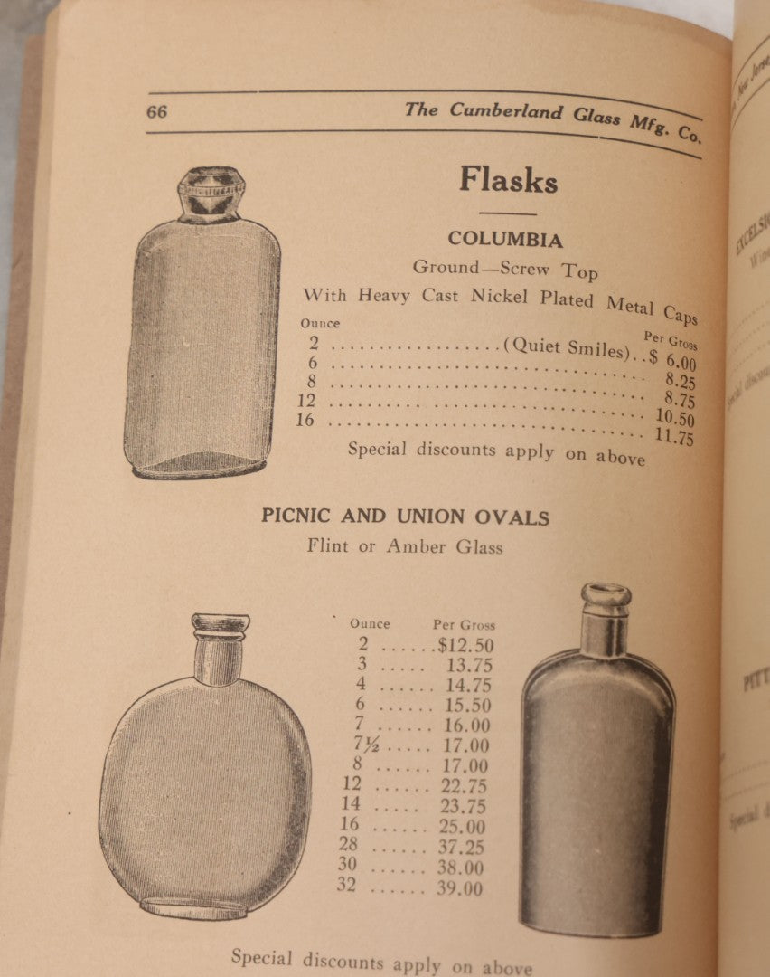 Lot 055 - Antique "Illustrated Catalogue And Price List Of Bottles, Fruit And Battery Jars", Manufactured By The Cumberland Glass Manufacturing Co., Bridgeton, New Jersey, Catalogue F. With Embossed Cover And Many Images Of Bottles, Circa 1920